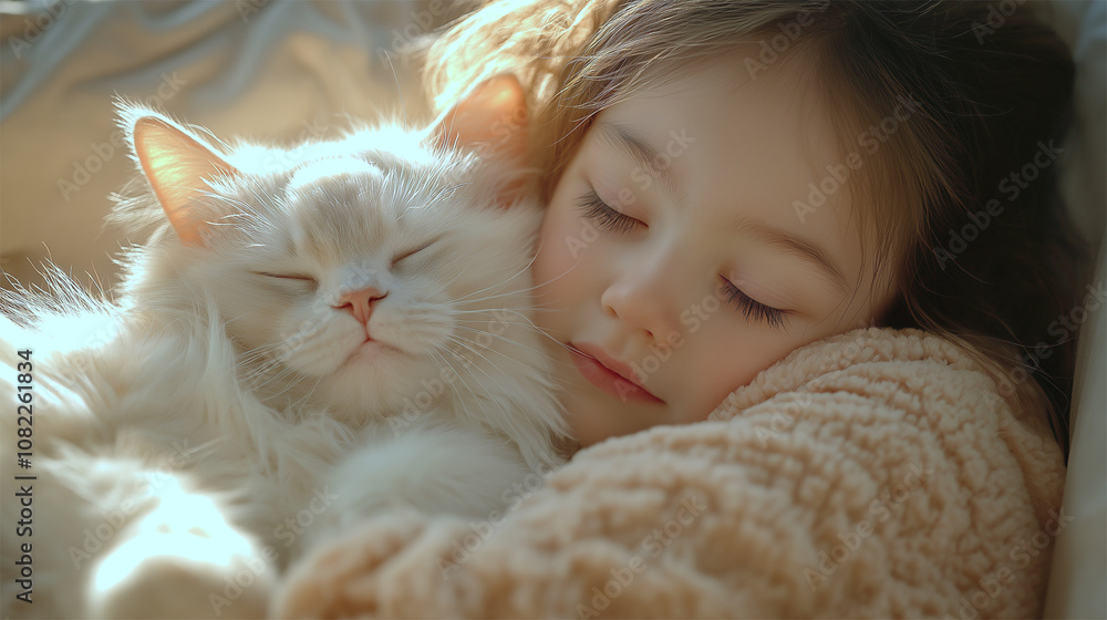 Child snuggled with fluffy white cat, symbolizing warmth, affection, and peaceful bonding
Child snuggled with fluffy white cat, symbolizing warmth, affection, and peaceful bonding
