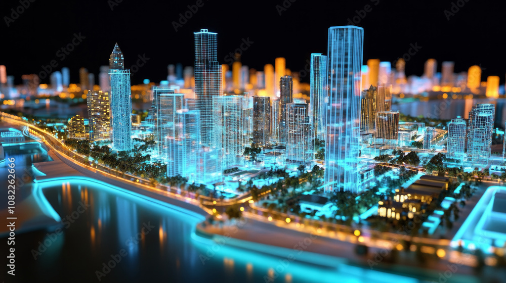 Obraz premium A futuristic model of an AI-supported urban planning project showcasing a vibrant city skyline along the riverside at night