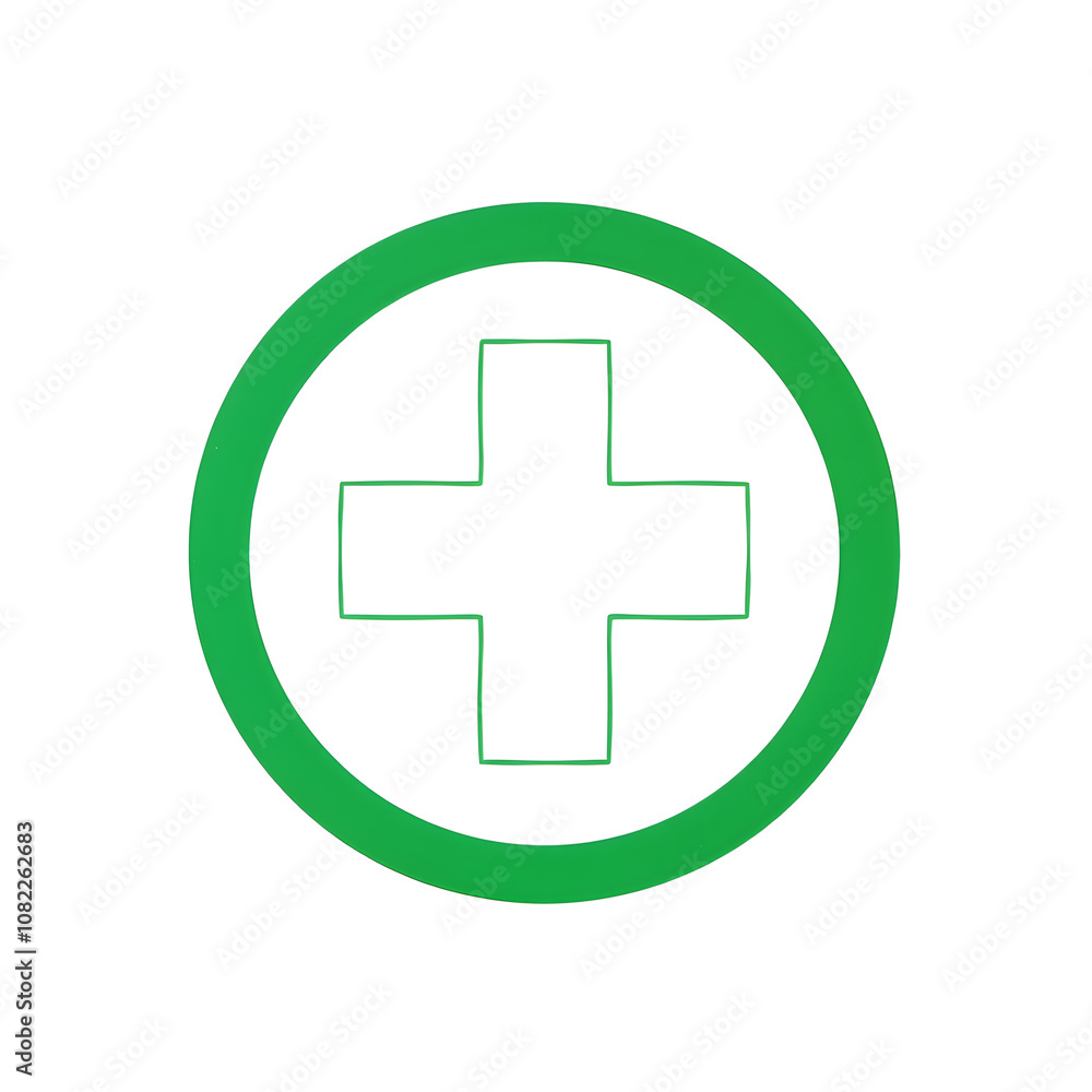 Chamfered corner white cross green circle. A first aid medical symbol. Isolated on a white background. Generative AI Chamfered corner white cross green circle. A first aid medical symbol. Isolated on a white background. Generative AI