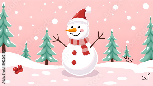 Christmas snowman on pink background. cute snowman in christmas snowy nature. vector cartoon illustration. Generative AI