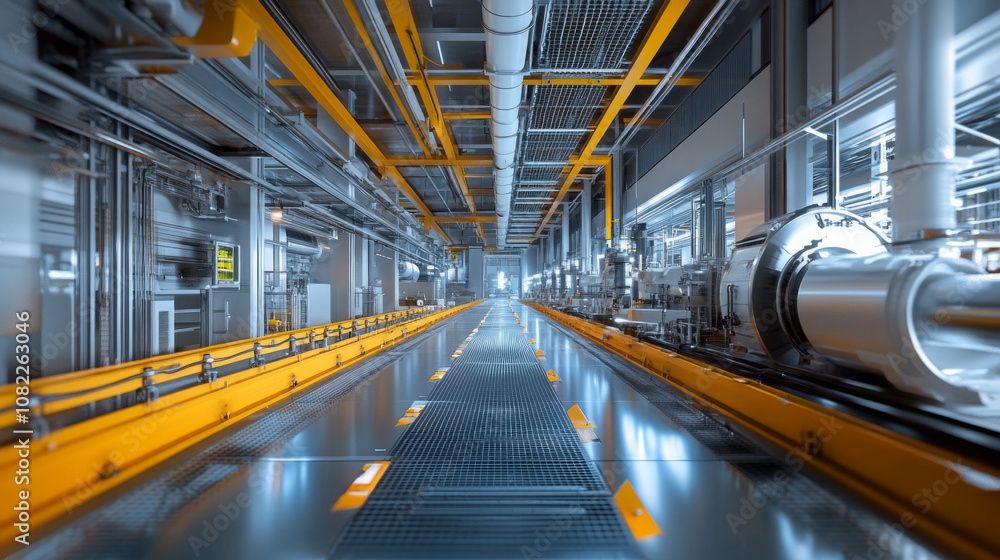 Predictive maintenance processes in a modern factory showcasing advanced technology and efficient operations over a spacious production floor Predictive maintenance processes in a modern factory showcasing advanced technology and efficient operations over a spacious production floor