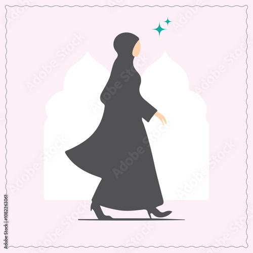 Black silhouette of a hijabi Muslim woman standing. Female wearing Headscarves with jharokha in Background. This vector design is perfect for hijab brands.  