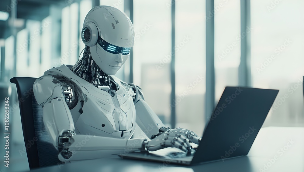 Photograph of an AI robot working on a laptop in an office. The robot has a human-like appearance, with metallic skin and black eyes, and is sitting at a table. Photograph of an AI robot working on a laptop in an office. The robot has a human-like appearance, with metallic skin and black eyes, and is sitting at a table.