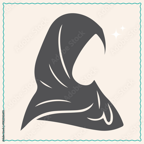 Hijab girl logo design with green frame. Islam and afghani female figure sillhouette icon. Feminism shine icon	