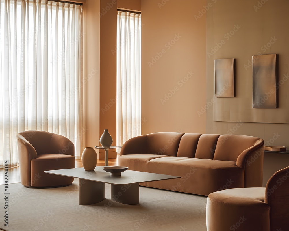 An inviting living room setting with warm neutral colors, soft velvet furniture, a sleek coffee table with a vase, and a serene ambiance created by large blank wall art and gentle light from floor-to- An inviting living room setting with warm neutral colors, soft velvet furniture, a sleek coffee table with a vase, and a serene ambiance created by large blank wall art and gentle light from floor-to-