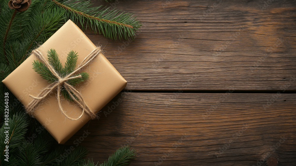 A beautifully wrapped gift box on a rustic wooden table with evergreen branches, perfect for a festive greeting or occasion A beautifully wrapped gift box on a rustic wooden table with evergreen branches, perfect for a festive greeting or occasion