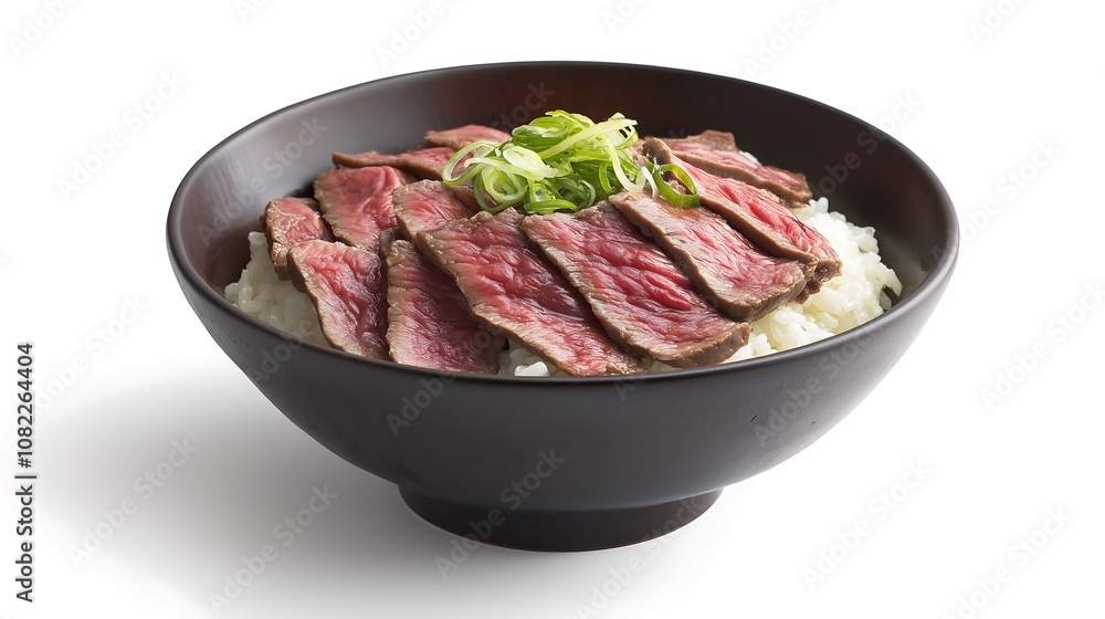 A bowl of tender, sliced steak served over fluffy white rice, garnished with green onions for a delicious, hearty meal. A bowl of tender, sliced steak served over fluffy white rice, garnished with green onions for a delicious, hearty meal.