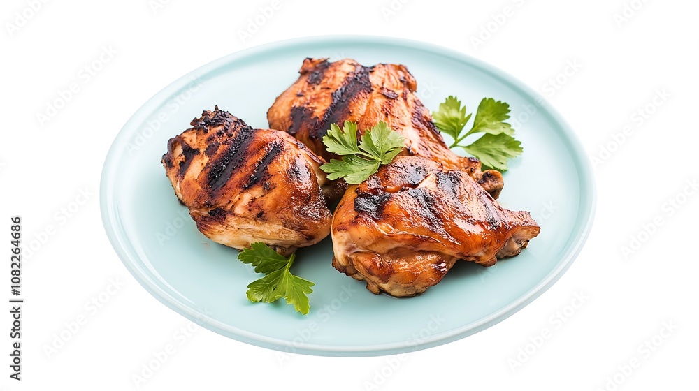 Grilled chicken thighs served on a light blue plate, garnished with fresh parsley, showcasing a mouth-watering, flavorful dish. Grilled chicken thighs served on a light blue plate, garnished with fresh parsley, showcasing a mouth-watering, flavorful dish.