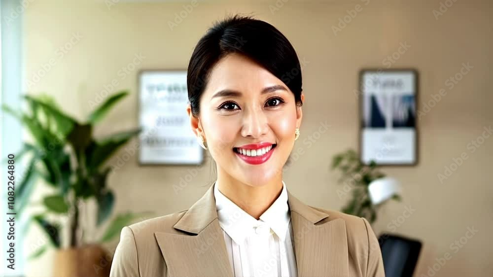 happy Asian business woman in office looking at camera happy Asian business woman in office looking at camera
