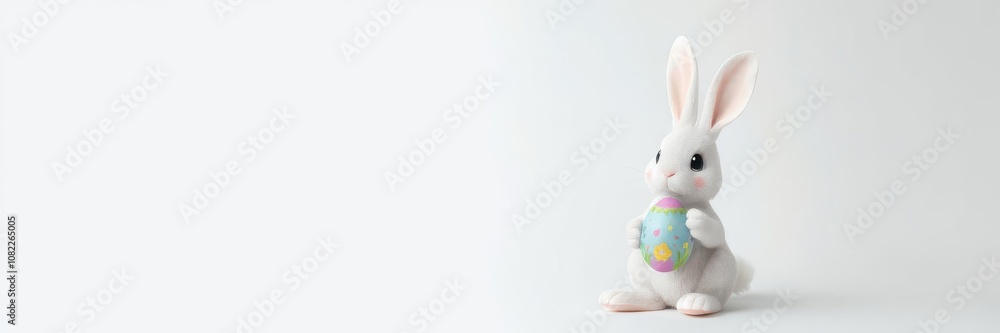 Obraz premium Cute Easter bunny rabbit holding decorated egg on neutral gray background, bunny, Easter