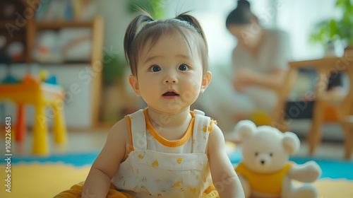 Adorable Baby Girl in Yellow Outfit Sitting on Play Mat, Looking Up with Curiosity, in a Blurred Playroom Background