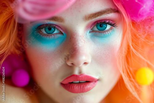 A woman with bright colored hair and blue eyes