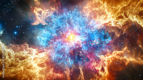 Vibrant Cosmic Nebula: A Digital Painting of Celestial Fire and Ice, Showcasing Stellar Energy and Galactic Wonders. photo