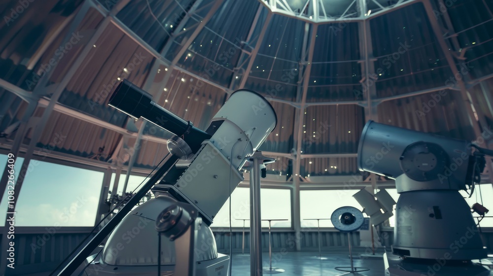 A clean and orderly astronomy observatory with telescopes, showcasing an observatory dome with telescopes positioned for stargazing, Futuristic and precise scientific setting A clean and orderly astronomy observatory with telescopes, showcasing an observatory dome with telescopes positioned for stargazing, Futuristic and precise scientific setting