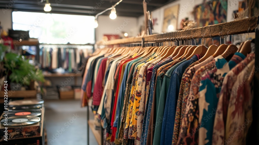 A clothing rack filled with colorful and patterned shirts in a small boutique. A clothing rack filled with colorful and patterned shirts in a small boutique.