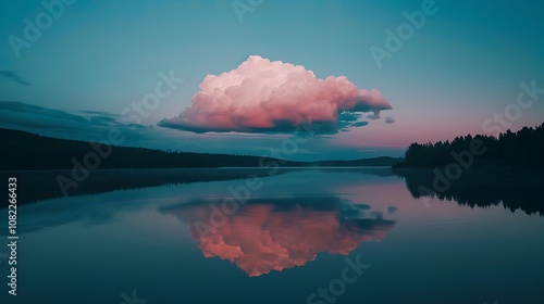 A fluffy cloud resting over a serene lake at twilight.