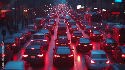 A long line of cars stopped in a city traffic jam at night.