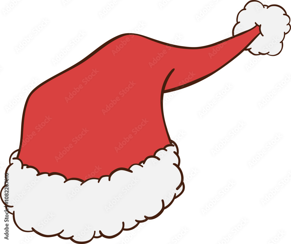 Red Christmas hat hand drawn illustration with white fluffy fur trim and pom pom Red Christmas hat hand drawn illustration with white fluffy fur trim and pom pom