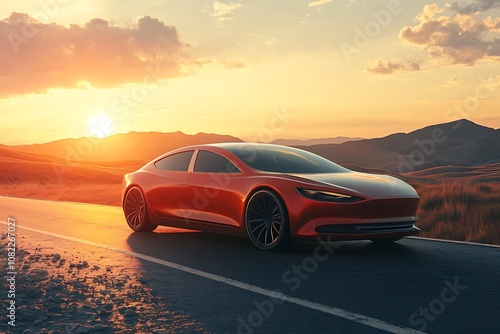 3d car sedan rides on the road to meet the sun, concept 3d render for advertising auto productst,