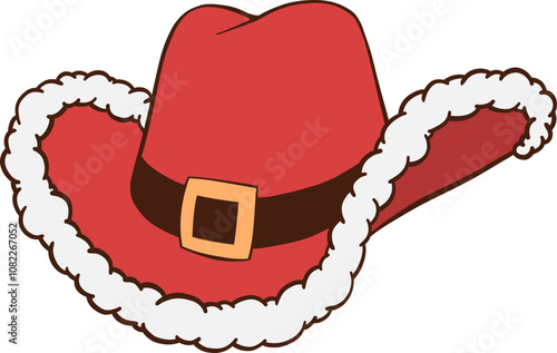 Red Christmas cowboy hat hand drawn illustration with Santa coat white fluffy fur trim, black belt and gold buckle
