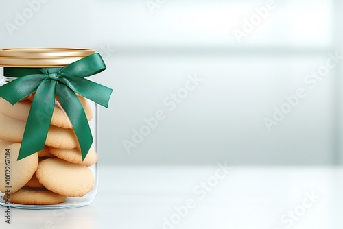 Homemade cookies in glass jar with green ribbon on white background photo