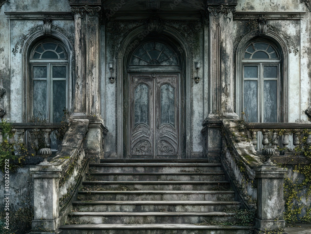 A weathered entrance with ornate doors and overgrown steps, evoking a sense of history. A weathered entrance with ornate doors and overgrown steps, evoking a sense of history.