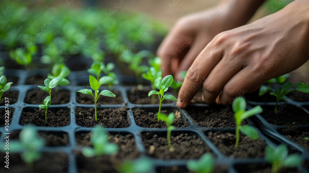 Hands planting seedlings in black tray rows in a nurturing garden setting during daylight Hands planting seedlings in black tray rows in a nurturing garden setting during daylight