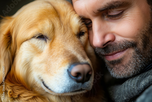 A man is hugging a golden retriever dog with his eyes closed photo