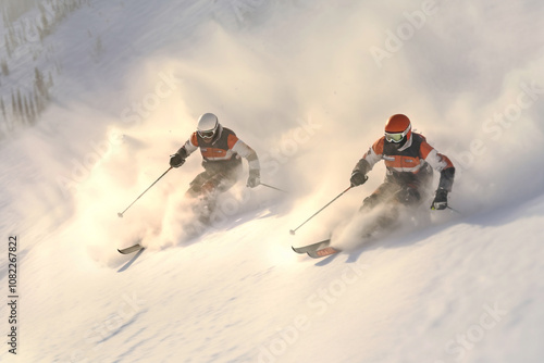 Group of skiers athletes compete going down from ski mountain. AI generated. photo