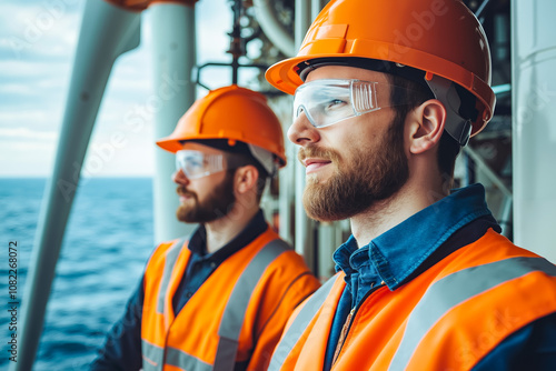 Two men wearing safety vests and hard hats on a ship