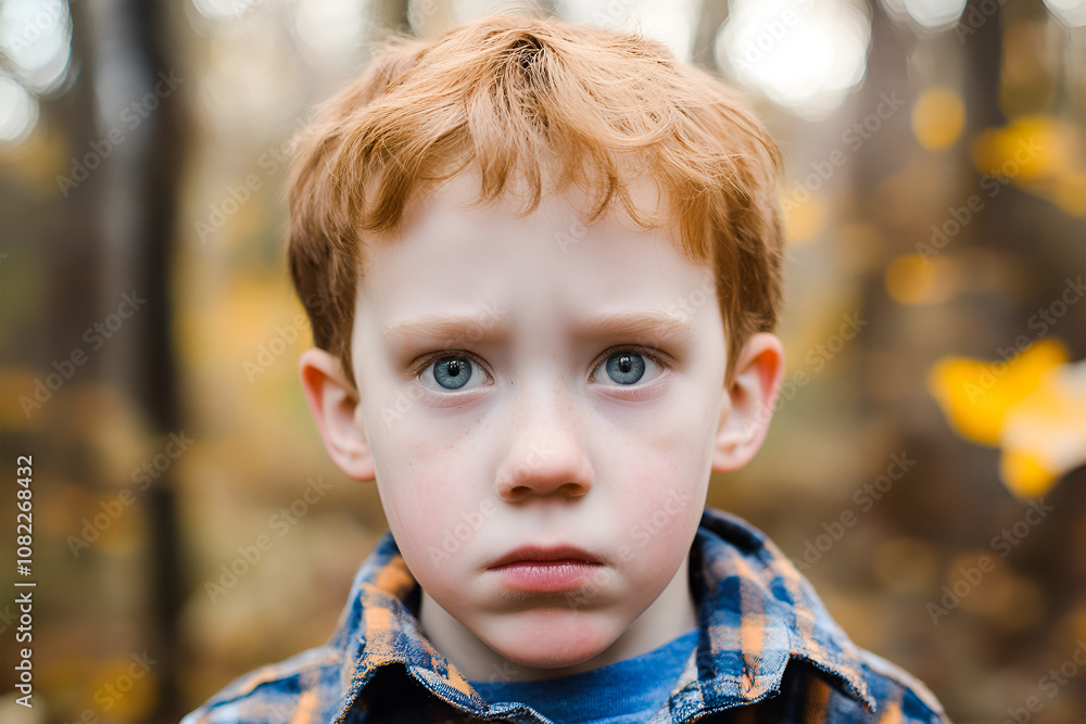Portrait of a sad red-haired boy in the autumn forest Portrait of a sad red-haired boy in the autumn forest