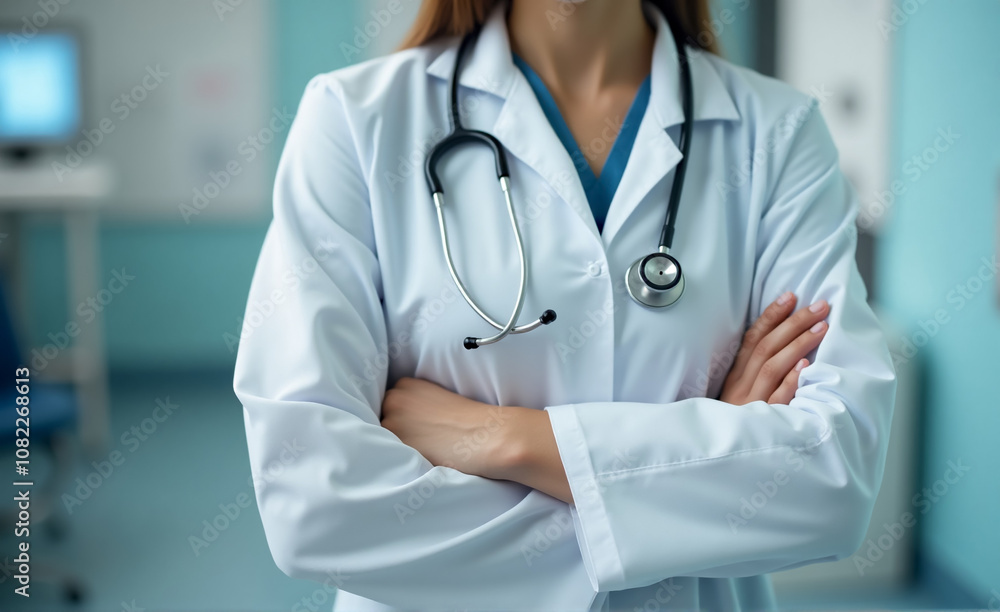 A close-up of a doctor’s hand, arms crossed confidently with a stethoscope draped around their neck, conveying a strong sense of career ambition A close-up of a doctor’s hand, arms crossed confidently with a stethoscope draped around their neck, conveying a strong sense of career ambition