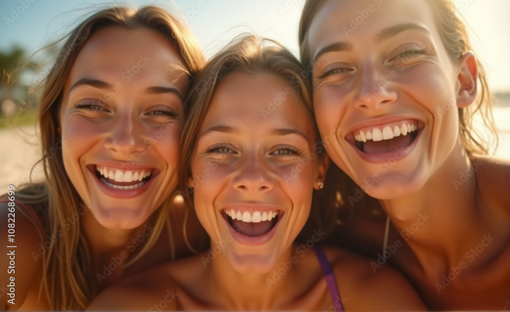 A vibrant portrait of friends smiling brightly for a selfie, capturing the joy of a shared summer memory perfect for a social media profile picture A vibrant portrait of friends smiling brightly for a selfie, capturing the joy of a shared summer memory perfect for a social media profile picture