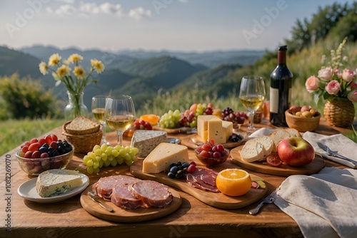 A luxurious picnic setup with gourmet food items, such as charcuterie boards, fine cheeses, and artisanal sandwiches. Ideal for themes of outdoor dining, leisure, and culinary indulgence. photo