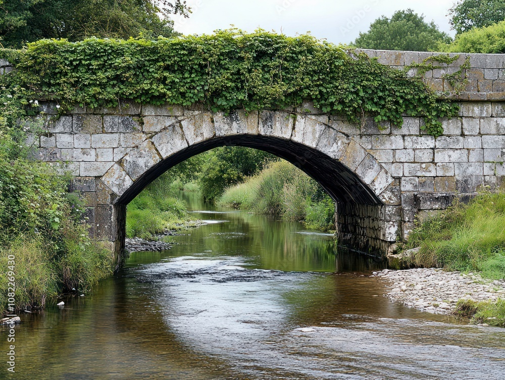 A stone bridge arches over a tranquil stream, surrounded by lush greenery. A stone bridge arches over a tranquil stream, surrounded by lush greenery.