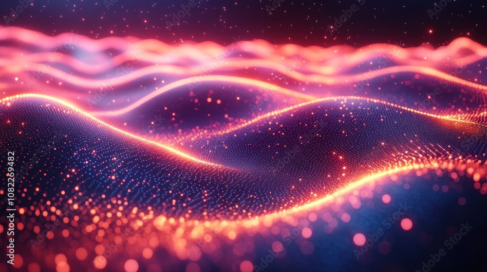 Abstract glowing wave of particles in red, pink, and blue. Abstract glowing wave of particles in red, pink, and blue.