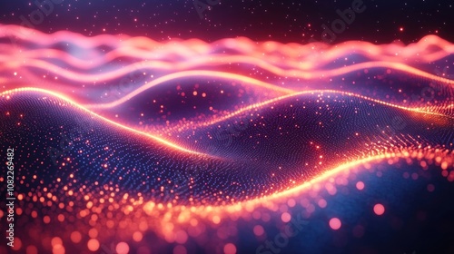 Abstract glowing wave of particles in red, pink, and blue.