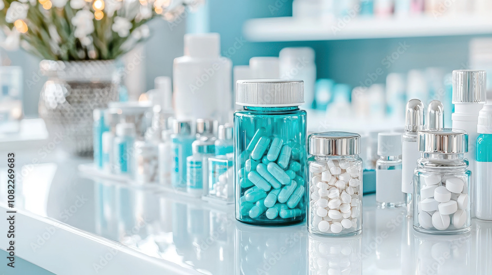 Assortment of modern nutritional supplements in elegant blue packaging Assortment of modern nutritional supplements in elegant blue packaging