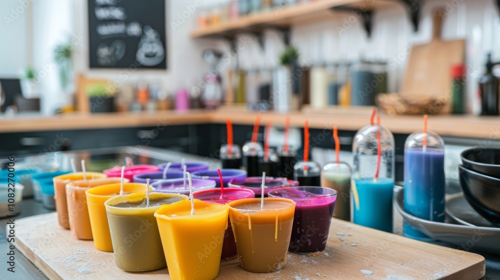 A clean candle making setup in a modern kitchen, Candle molds and wax arranged neatly, Contemporary craft style A clean candle making setup in a modern kitchen, Candle molds and wax arranged neatly, Contemporary craft style