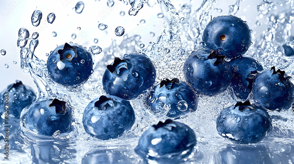 Blueberries Plunge into Water: A Vibrant, 3D Photo of Juicy Berries Splashing in Crystal Clear Water, Creating a Dynamic and Refreshing Image. Blueberries Plunge into Water: A Vibrant, 3D Photo of Juicy Berries Splashing in Crystal Clear Water, Creating a Dynamic and Refreshing Image.