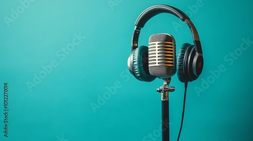 Vintage microphone with modern headphones on a blue background.