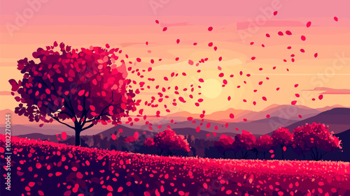 Field of Red Flowers at Sunset with Tree Silhouette
