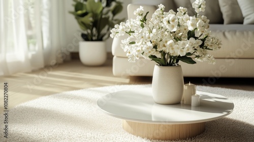 A serene living room featuring a stylish coffee table with a vase of white flowers, evoking tranquility and elegance.