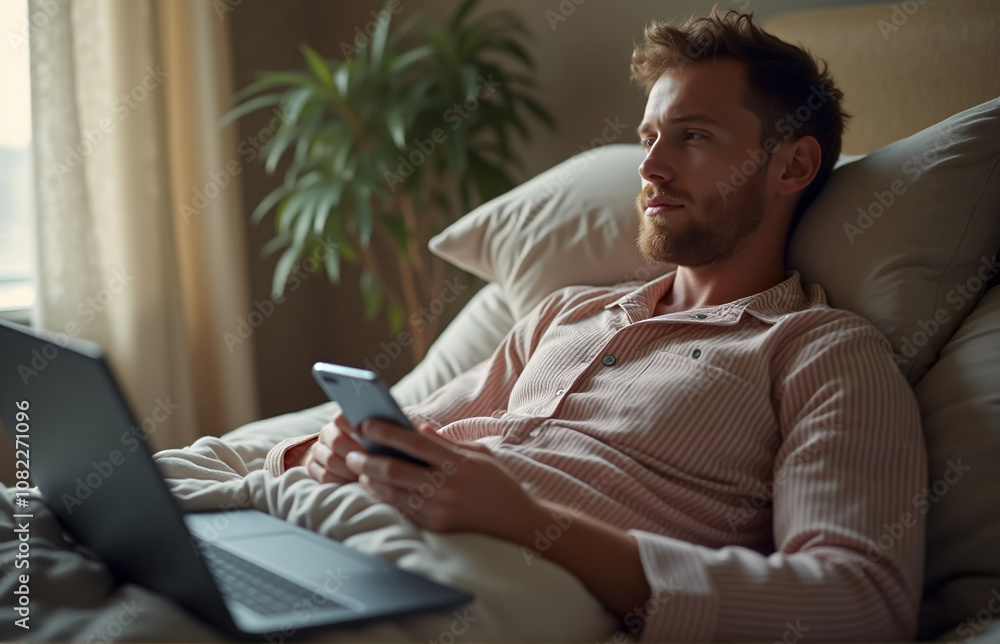 A close-up shot of a man in pajamas, lounging in bed and starting his day with technology A close-up shot of a man in pajamas, lounging in bed and starting his day with technology