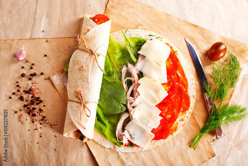 Sliced sandwich tortilla with tomatoes , salad , cream cheese and ham . photo