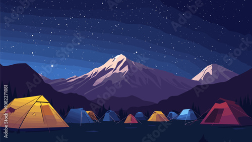 Night Camp under Starry Sky with Mountain