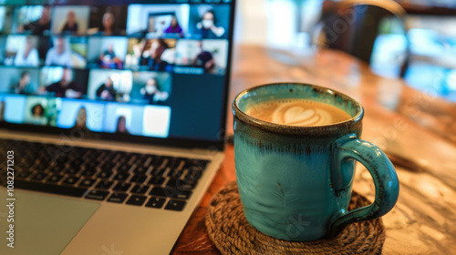 A lively online meeting with coffee on a wooden table, showcasing participants engaging from various locations in a collaborative atmosphere
