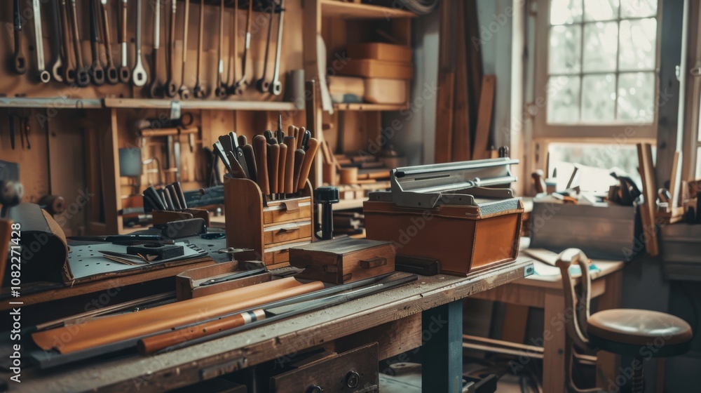A clean leatherworking station in a cozy workshop, Leather tools and materials neatly arranged, Vintage craft style A clean leatherworking station in a cozy workshop, Leather tools and materials neatly arranged, Vintage craft style