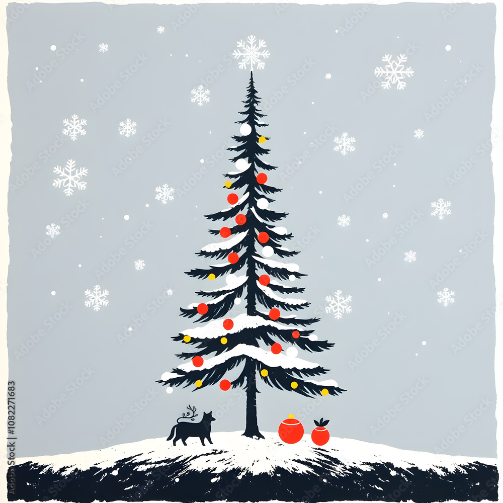Fototapeta premium Linoprint illustration christmas tree. Generative AI