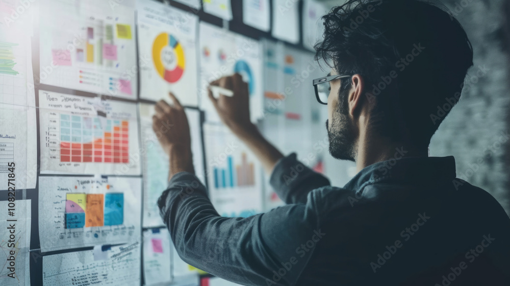 A person brainstorming ideas on a collaborative board filled with colorful charts and graphs during a creative session A person brainstorming ideas on a collaborative board filled with colorful charts and graphs during a creative session
